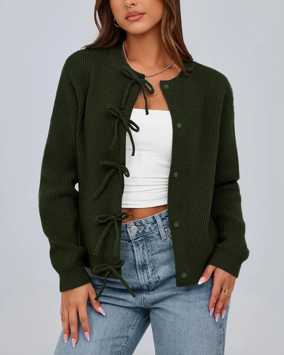 BTFBM Cardigan Sweaters for Women Trendy 2025 Fall Open Front Long Sleeve Button Down Bow Knot Cropped Lady Jacket