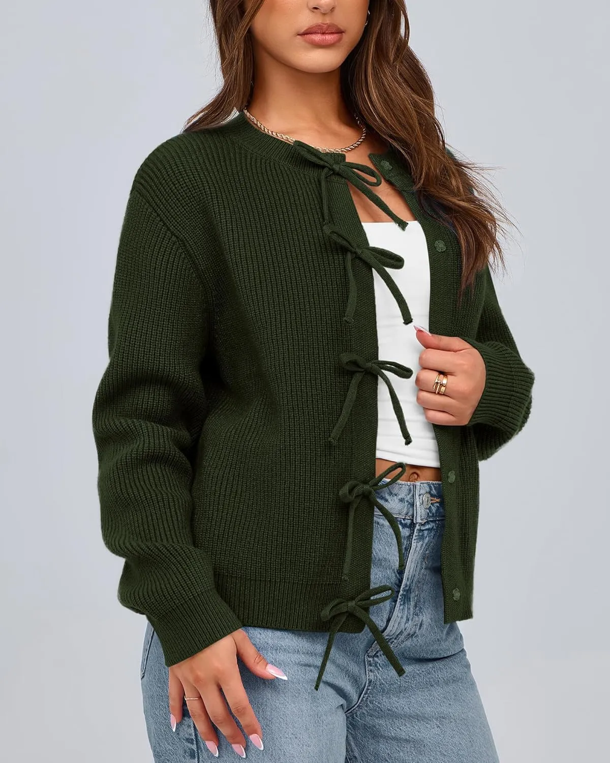 BTFBM Cardigan Sweaters for Women Trendy 2025 Fall Open Front Long Sleeve Button Down Bow Knot Cropped Lady Jacket