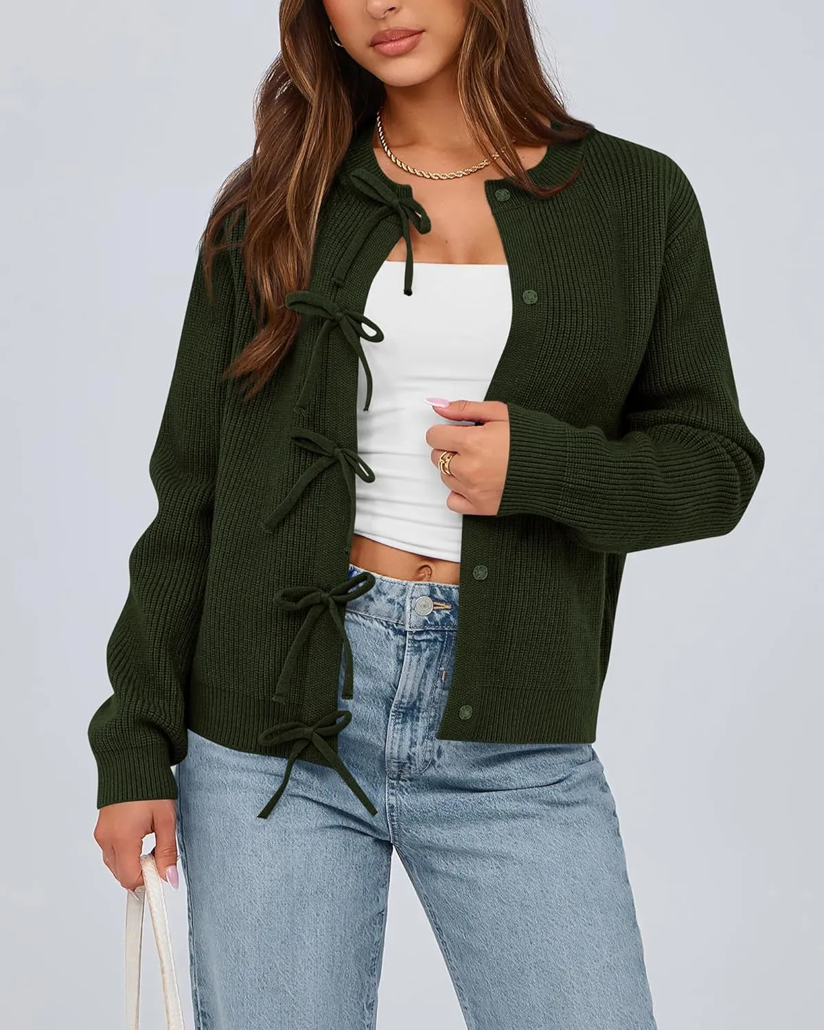 BTFBM Cardigan Sweaters for Women Trendy 2025 Fall Open Front Long Sleeve Button Down Bow Knot Cropped Lady Jacket