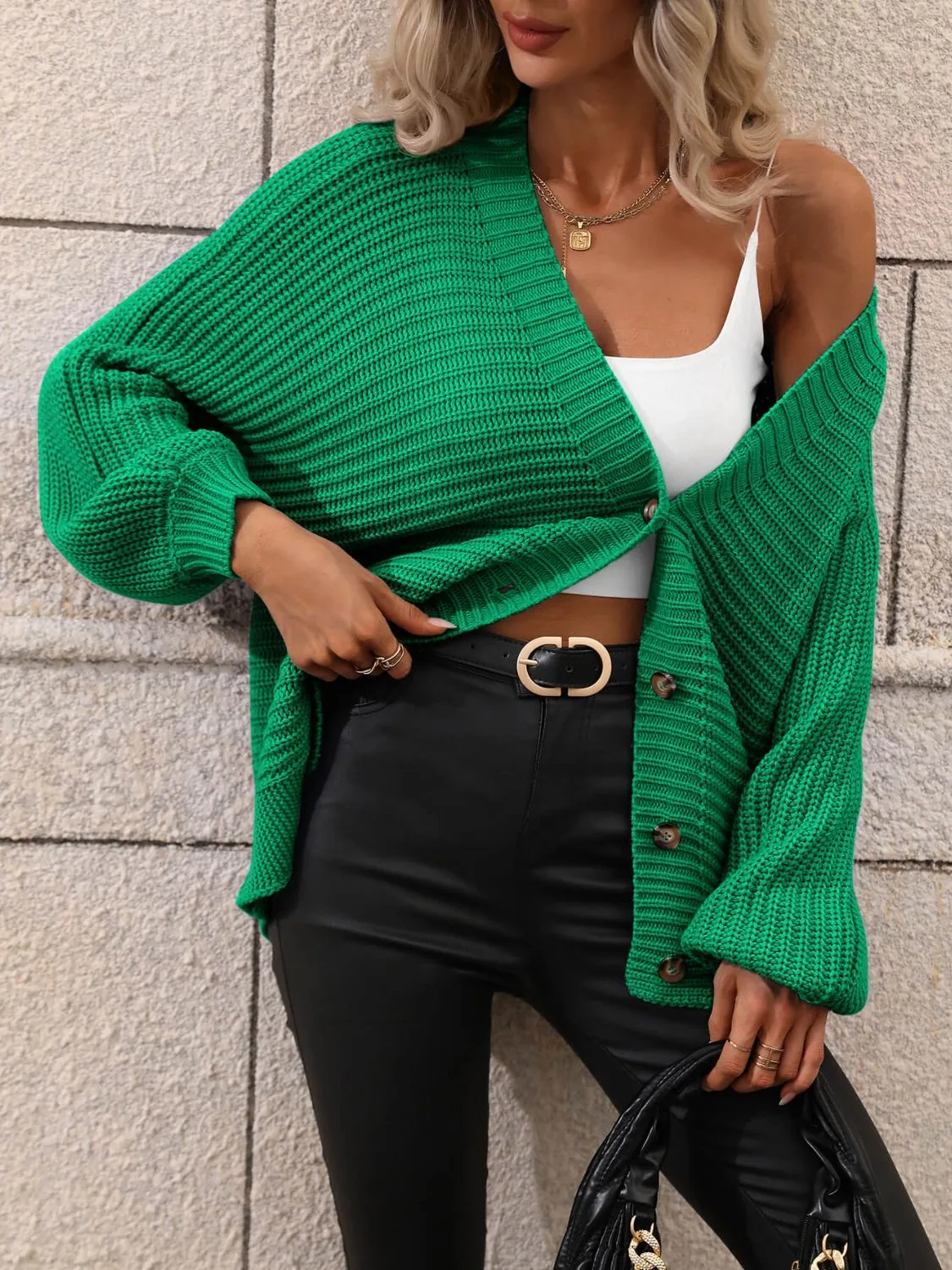 Button Down Horizontal-Ribbing Longline Cardigan