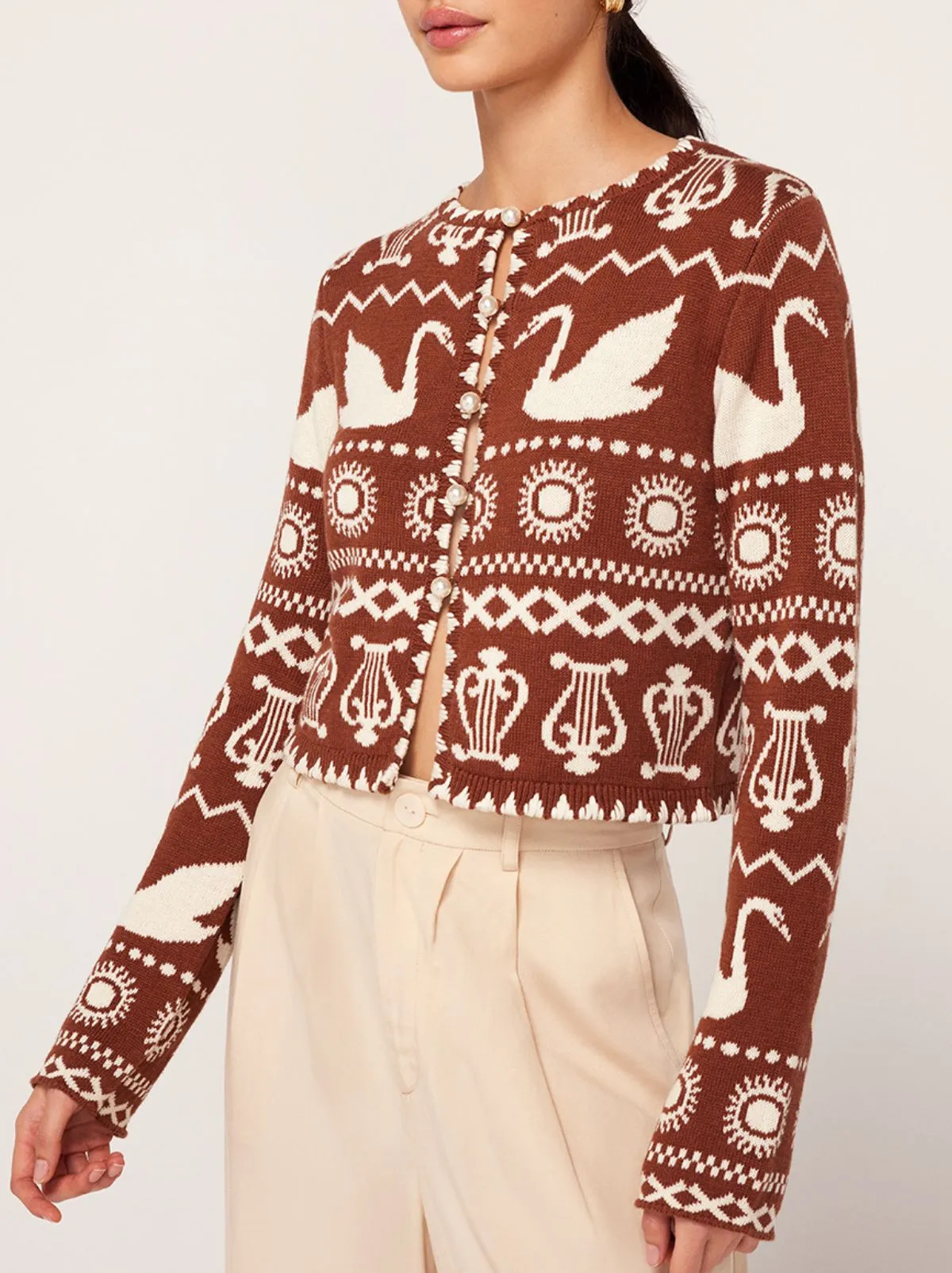 Carmel Brown Swan Fairisle Knit Cardigan