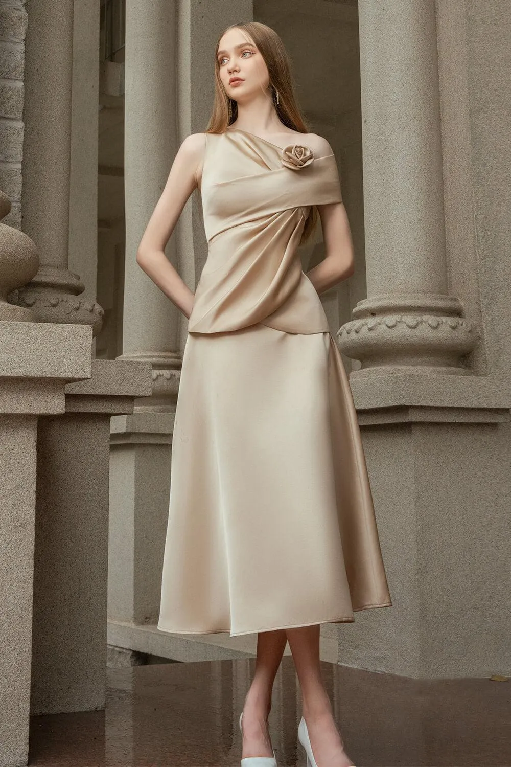 Chanmi A-line Nacre Taffeta Midi Skirt