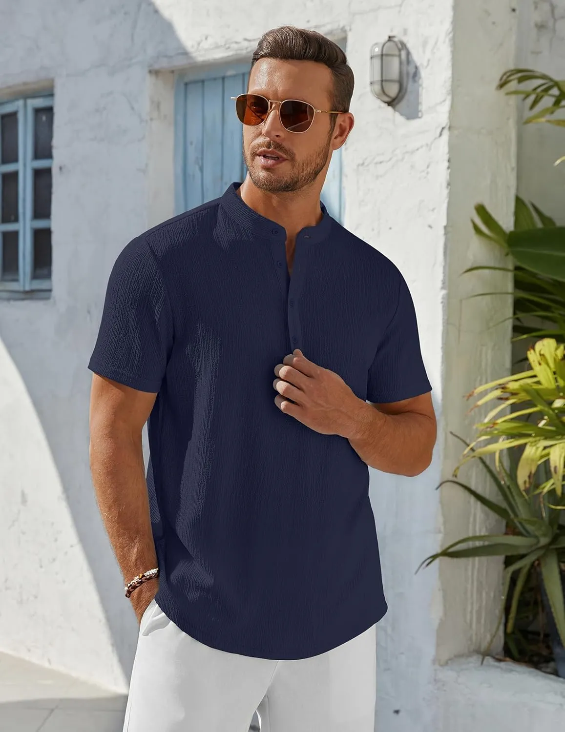 COOFANDY Men's Henley Shirt Short Sleeve Stand Collar Summer Casual Beach Hippie T-Shirts