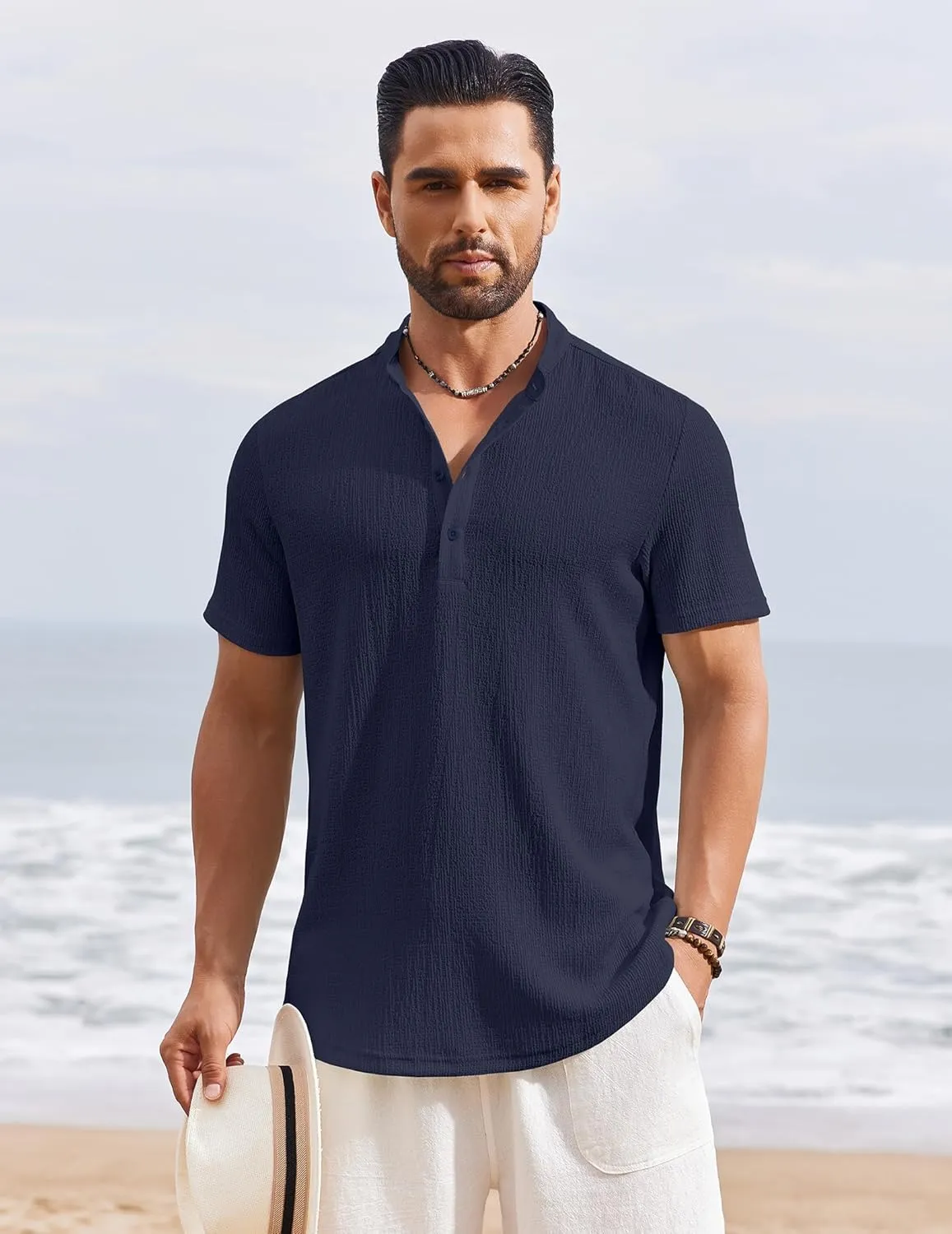 COOFANDY Men's Henley Shirt Short Sleeve Stand Collar Summer Casual Beach Hippie T-Shirts