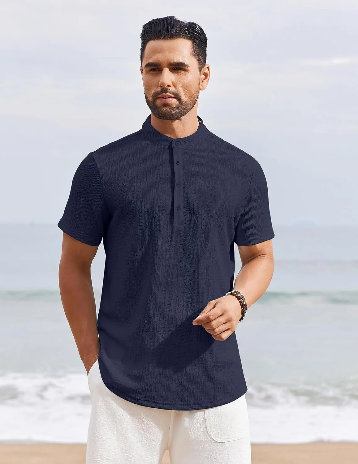 COOFANDY Men's Henley Shirt Short Sleeve Stand Collar Summer Casual Beach Hippie T-Shirts