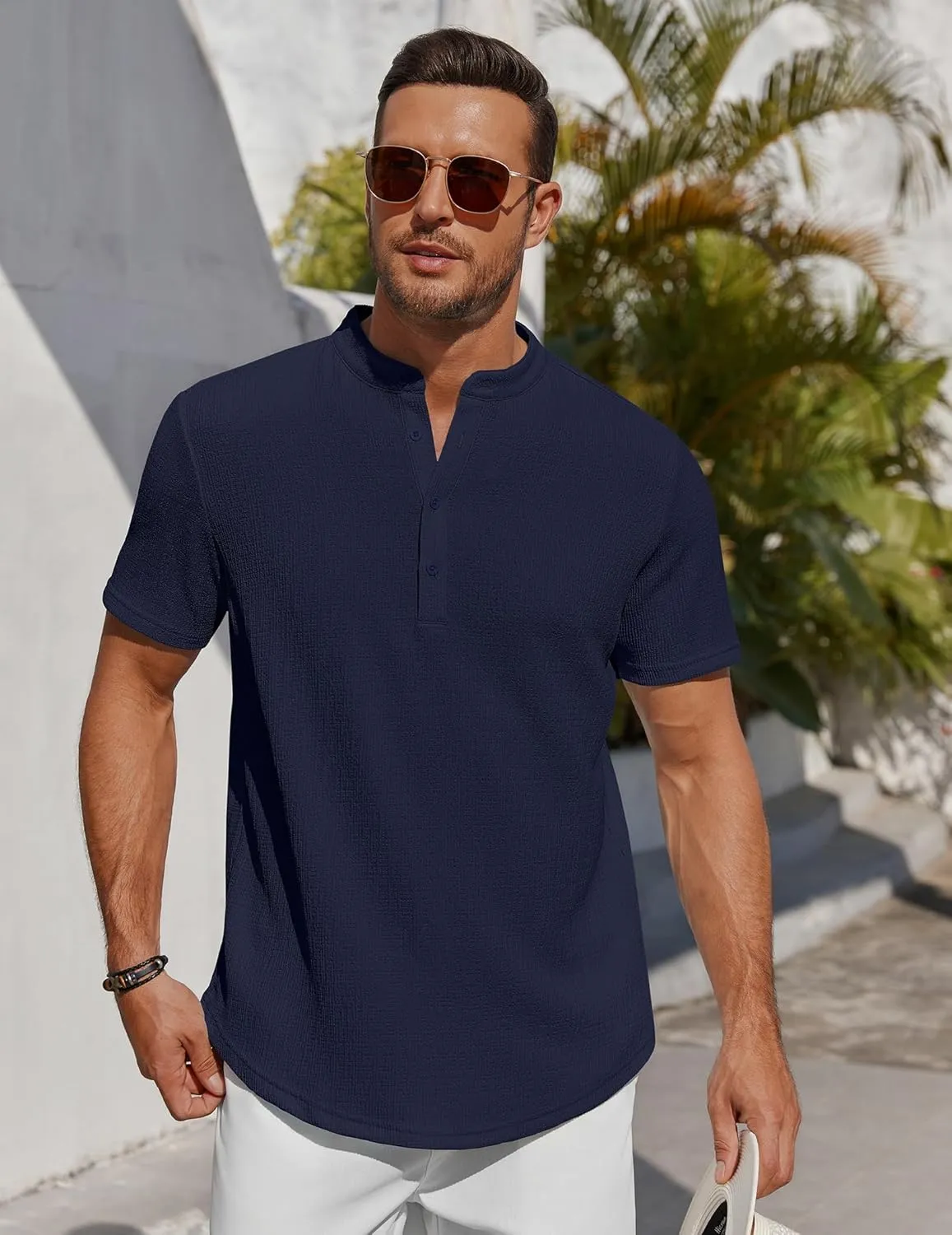 COOFANDY Men's Henley Shirt Short Sleeve Stand Collar Summer Casual Beach Hippie T-Shirts
