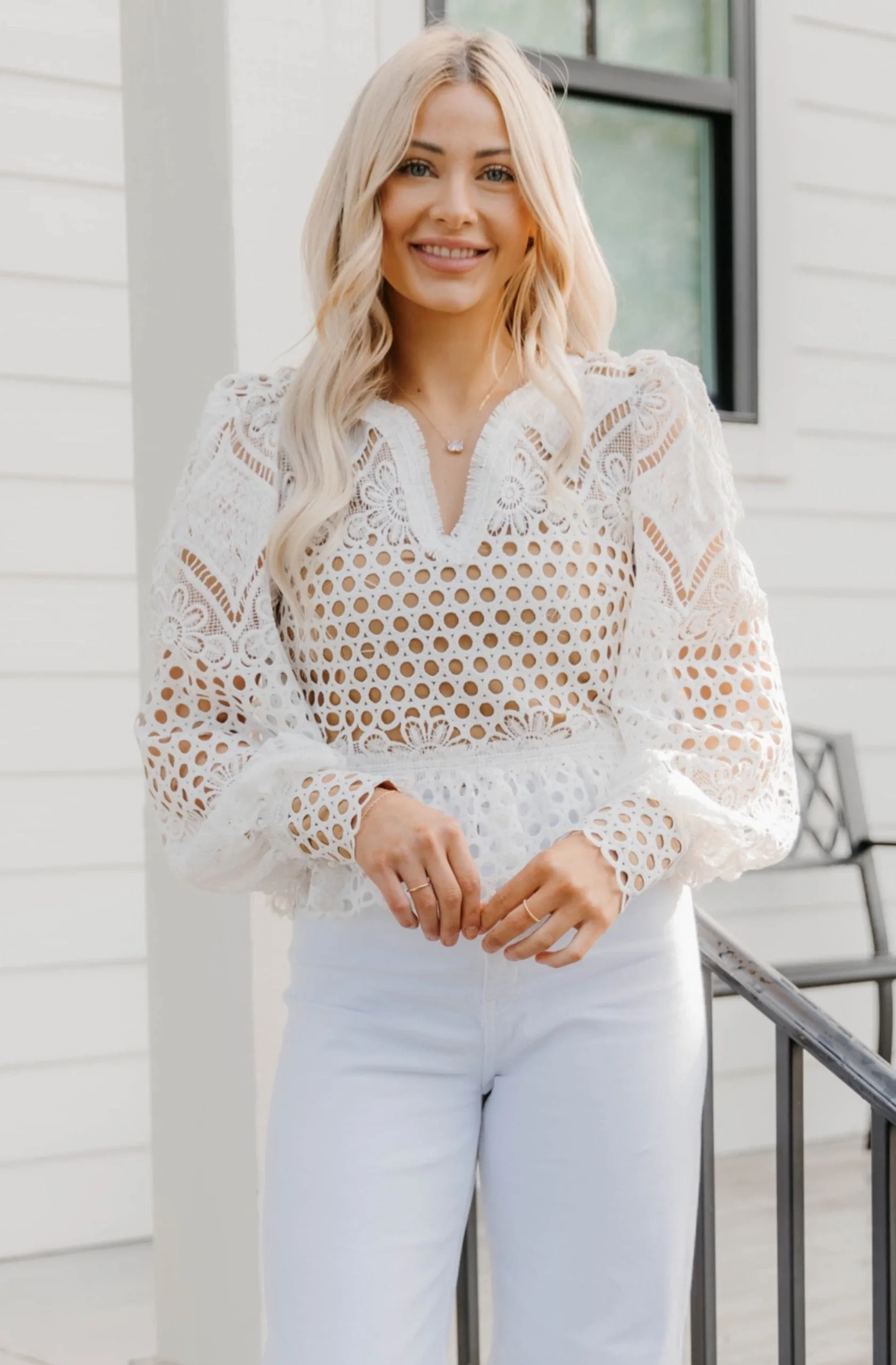 Crochet Lace Lantern Sleeve Top