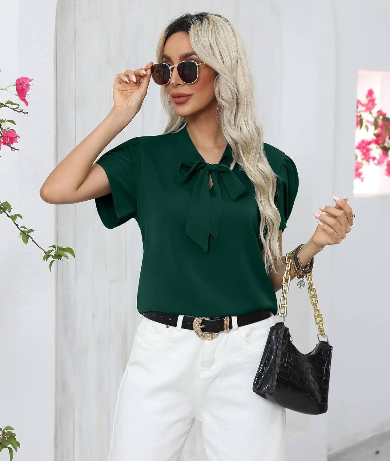 CZYINXIAN Women's Casual Petal Short Sleeve Chiffon Shirts Elegant Bow Tie Knot Business Top Blouse