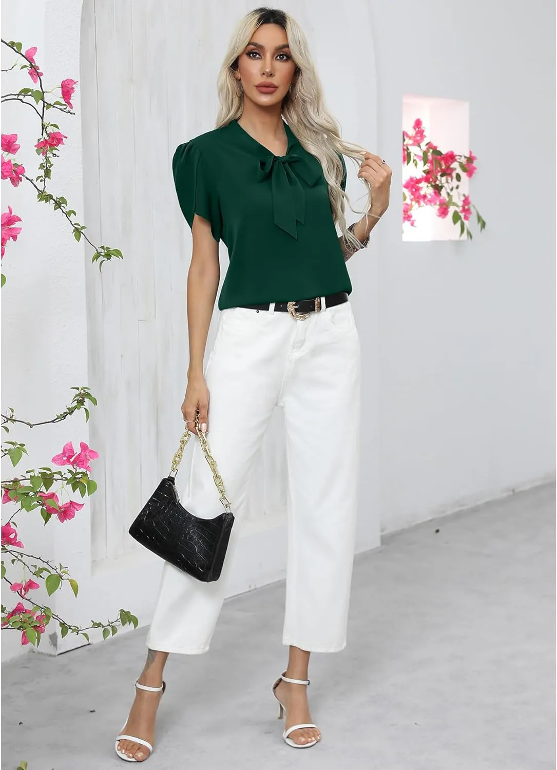 CZYINXIAN Women's Casual Petal Short Sleeve Chiffon Shirts Elegant Bow Tie Knot Business Top Blouse