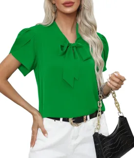 CZYINXIAN Women's Casual Petal Short Sleeve Chiffon Shirts Elegant Bow Tie Knot Business Top Blouse