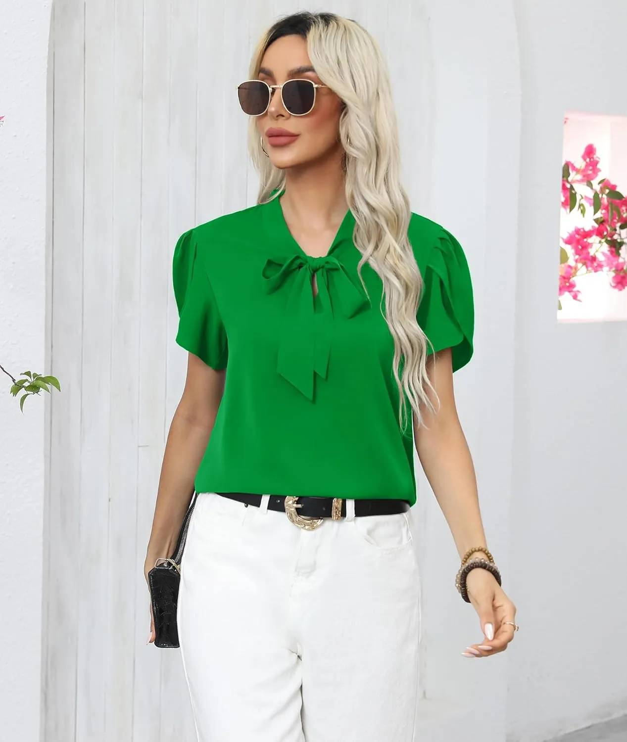 CZYINXIAN Women's Casual Petal Short Sleeve Chiffon Shirts Elegant Bow Tie Knot Business Top Blouse