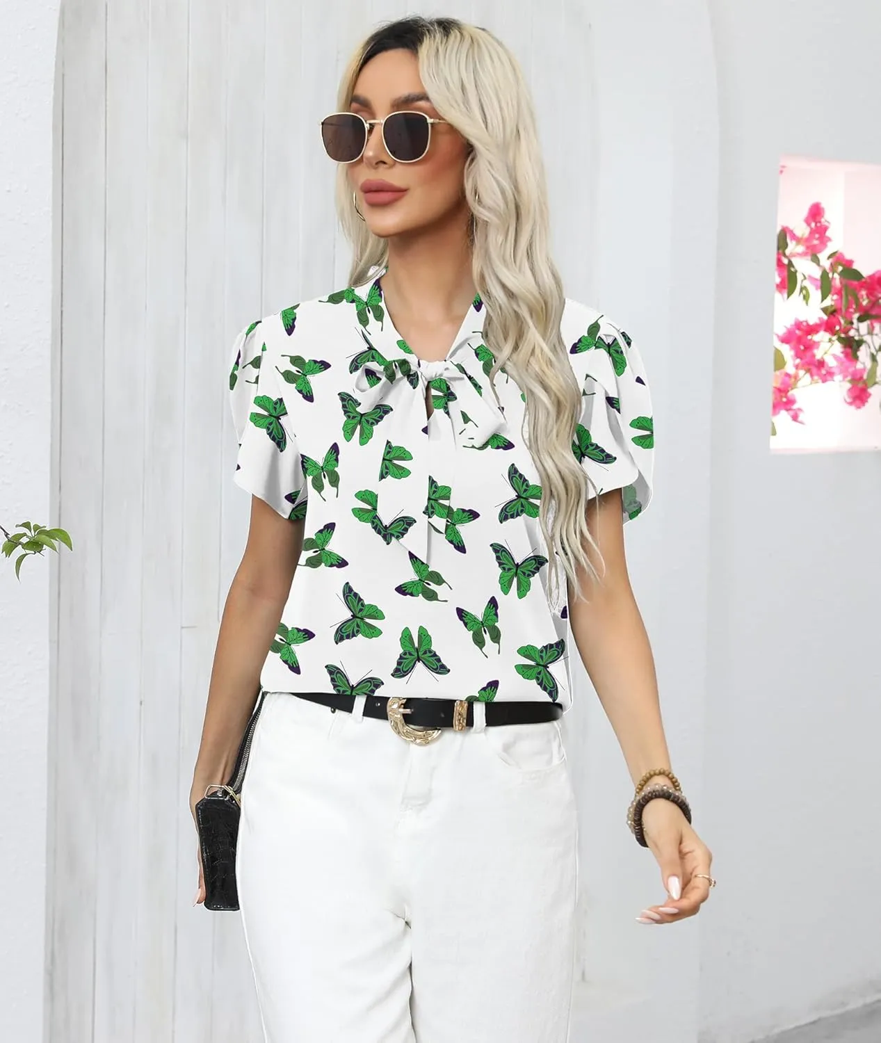 CZYINXIAN Women's Casual Petal Short Sleeve Chiffon Shirts Elegant Bow Tie Knot Business Top Blouse