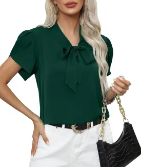 CZYINXIAN Women's Casual Petal Short Sleeve Chiffon Shirts Elegant Bow Tie Knot Business Top Blouse