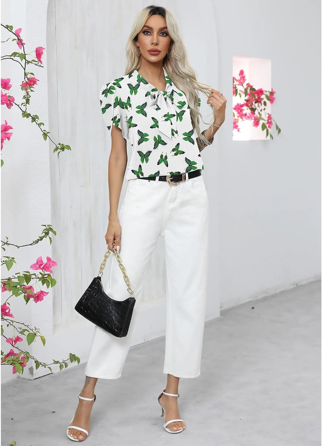 CZYINXIAN Women's Casual Petal Short Sleeve Chiffon Shirts Elegant Bow Tie Knot Business Top Blouse