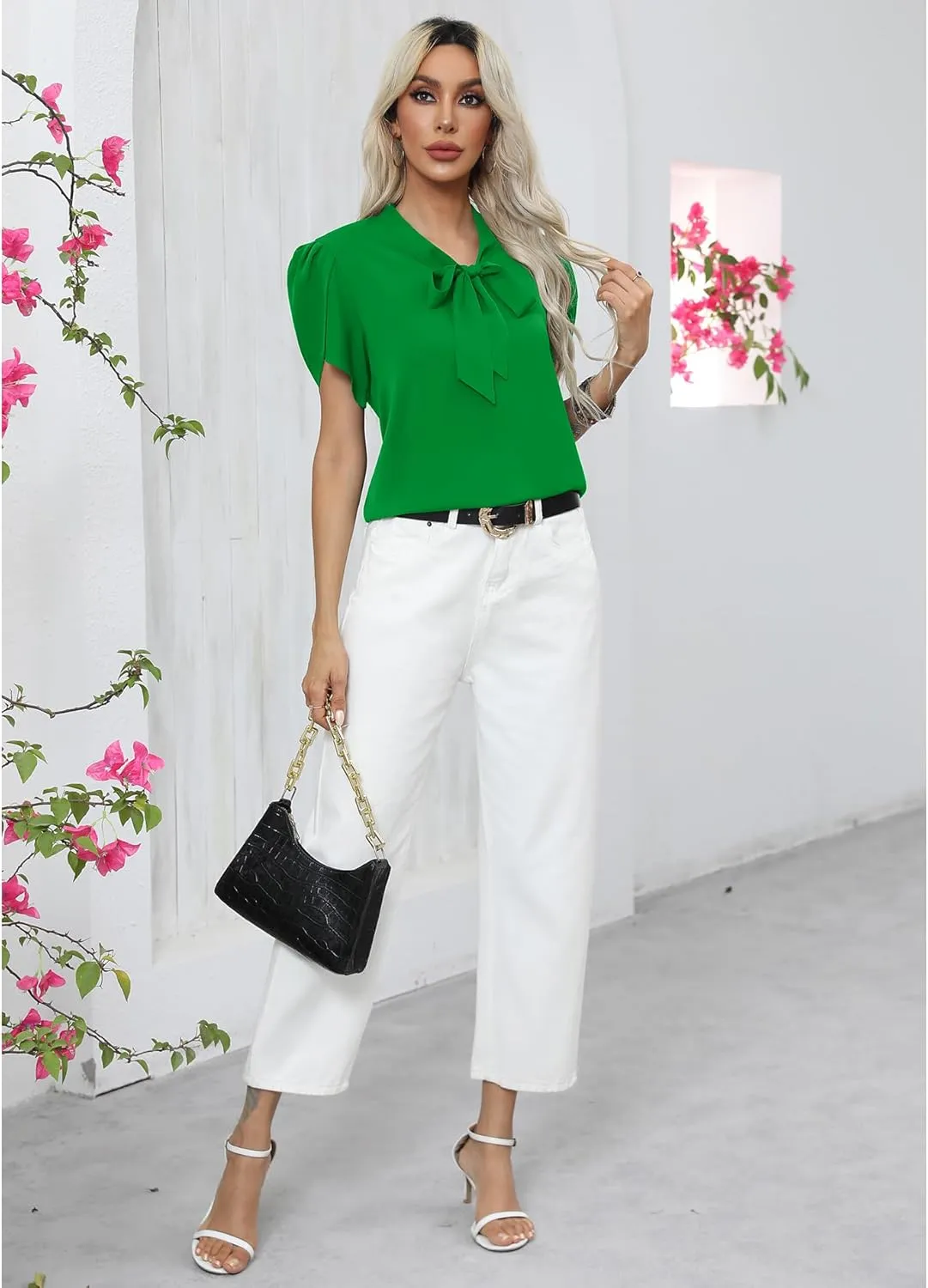 CZYINXIAN Women's Casual Petal Short Sleeve Chiffon Shirts Elegant Bow Tie Knot Business Top Blouse
