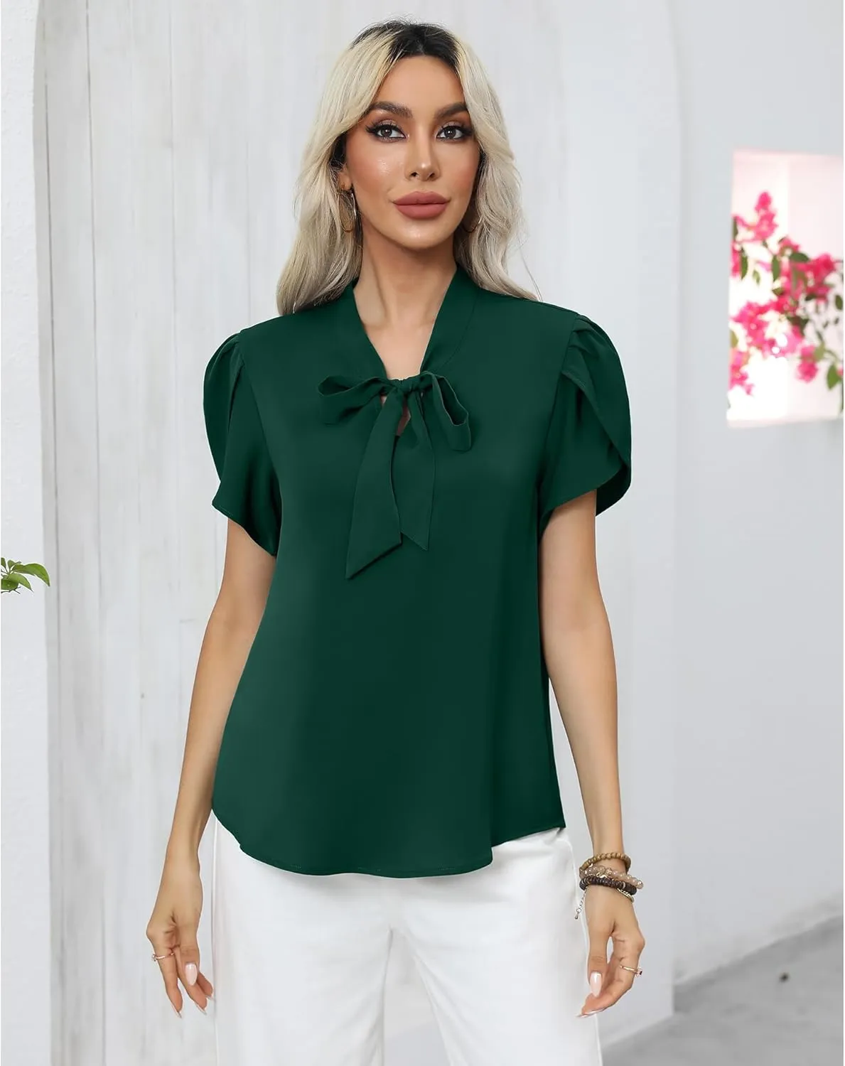 CZYINXIAN Women's Casual Petal Short Sleeve Chiffon Shirts Elegant Bow Tie Knot Business Top Blouse