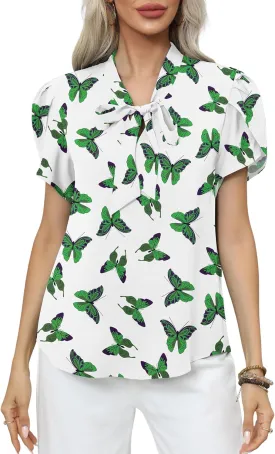 CZYINXIAN Women's Casual Petal Short Sleeve Chiffon Shirts Elegant Bow Tie Knot Business Top Blouse