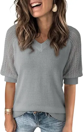 Dokotoo Women's Casual Short Sleeve Loose Crochet Tunic Tops Lightweight Knit Pullover Sweater Blouses