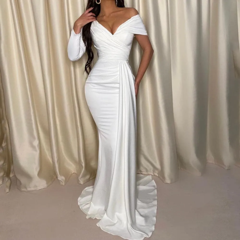 DressBetty - White One Sleeve Off Shoulder Party Dress