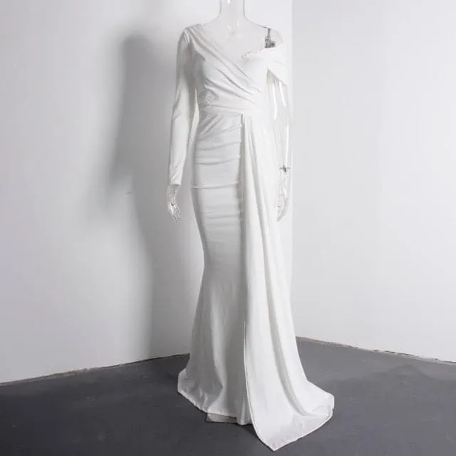 DressBetty - White One Sleeve Off Shoulder Party Dress
