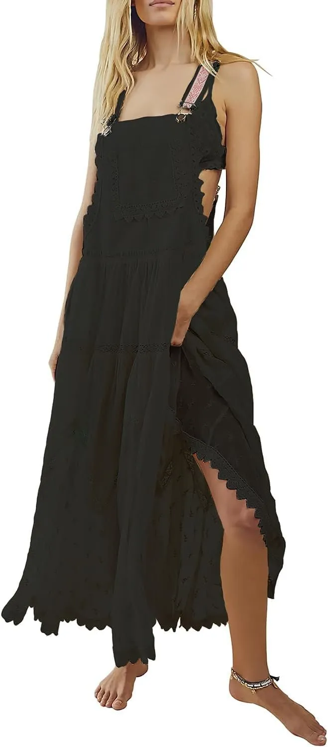 ebossy Women's Laced Embroidered Tulle Bib Dress Casual Loose Adjustable Straps Maxi Dress