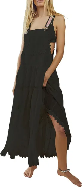 ebossy Women's Laced Embroidered Tulle Bib Dress Casual Loose Adjustable Straps Maxi Dress