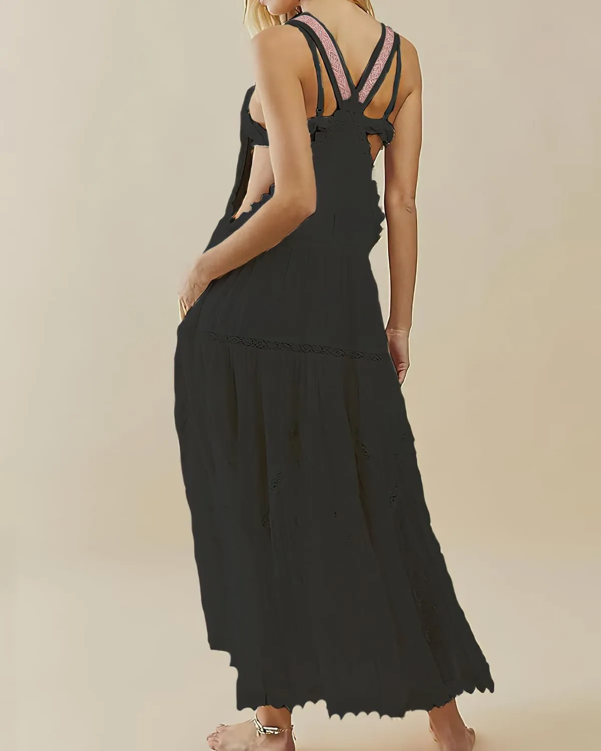 ebossy Women's Laced Embroidered Tulle Bib Dress Casual Loose Adjustable Straps Maxi Dress