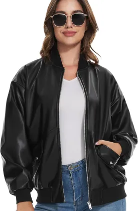 Fahsyee Women's Leather Jackets, Faux Motorcycle Biker Coat Short Lightweight Vegan
