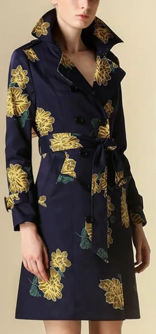 Floral Printed Trench Coat in Blue