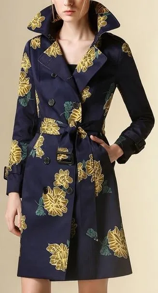 Floral Printed Trench Coat in Blue