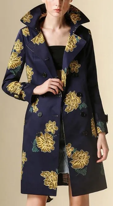 Floral Printed Trench Coat in Blue