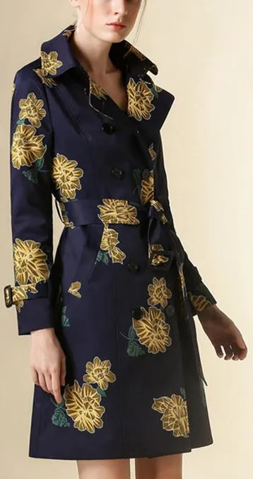 Floral Printed Trench Coat in Blue