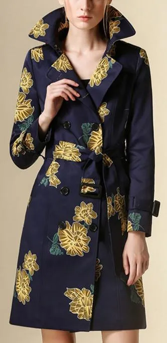 Floral Printed Trench Coat in Blue