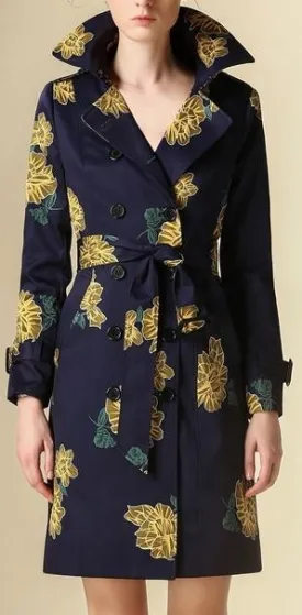 Floral Printed Trench Coat in Blue