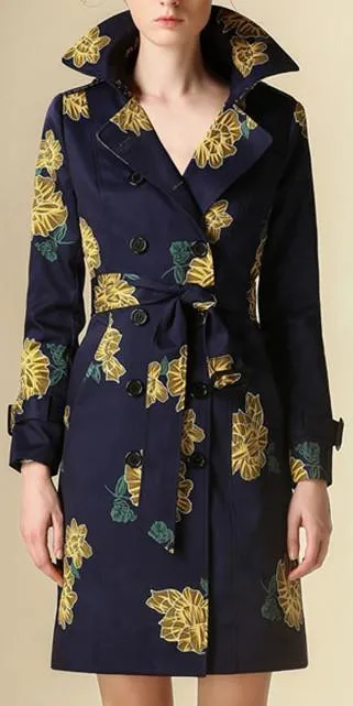 Floral Printed Trench Coat in Blue