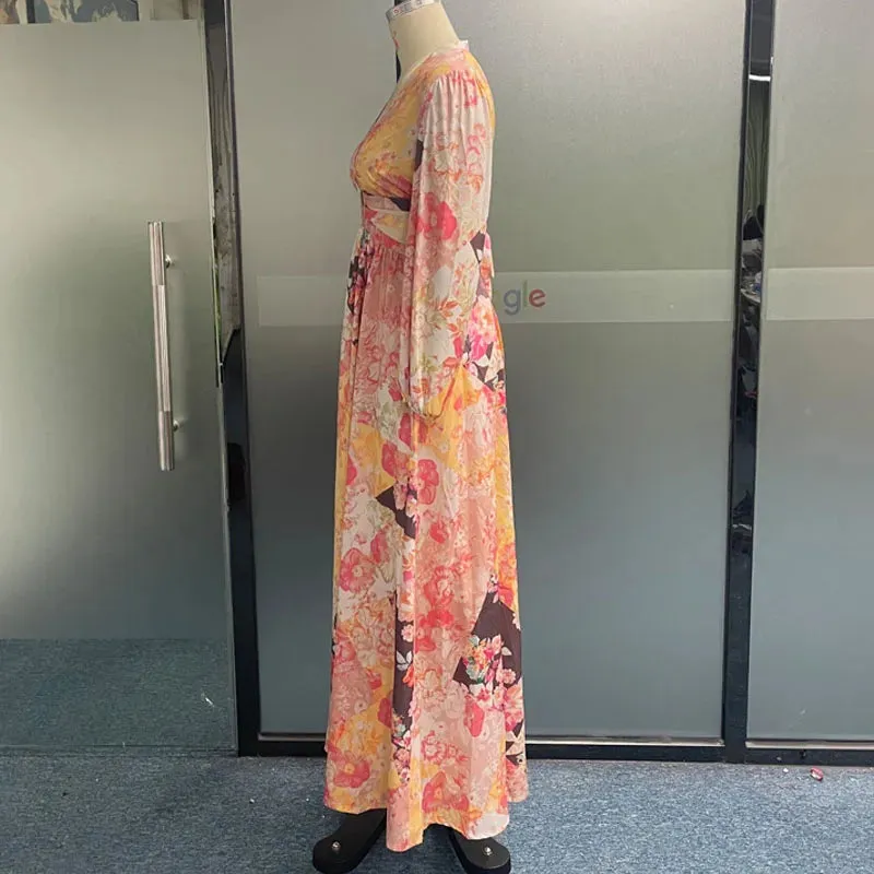 Girlary Women Maxi Dress Trending Lantern Sleeve V Neck Backless Hollow Out Printed Lace Up Beach Holiday Dress Streetwear