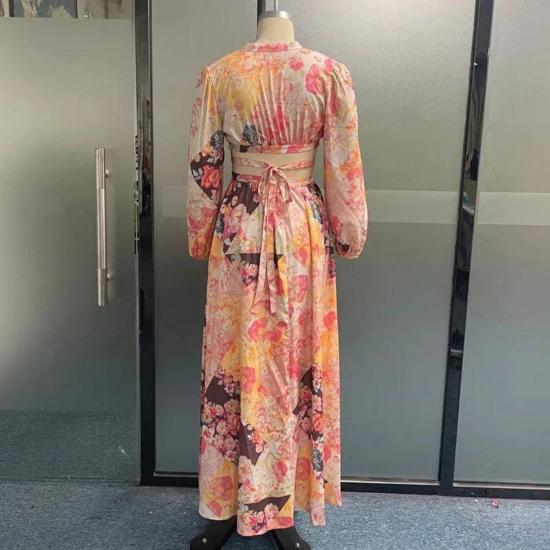 Girlary Women Maxi Dress Trending Lantern Sleeve V Neck Backless Hollow Out Printed Lace Up Beach Holiday Dress Streetwear