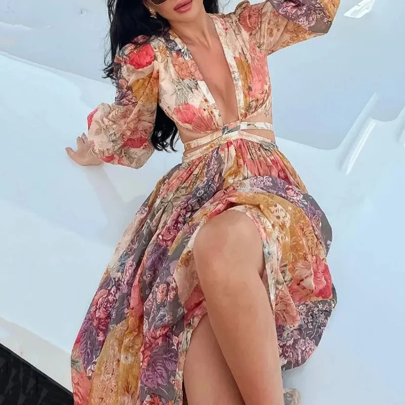 Girlary Women Maxi Dress Trending Lantern Sleeve V Neck Backless Hollow Out Printed Lace Up Beach Holiday Dress Streetwear