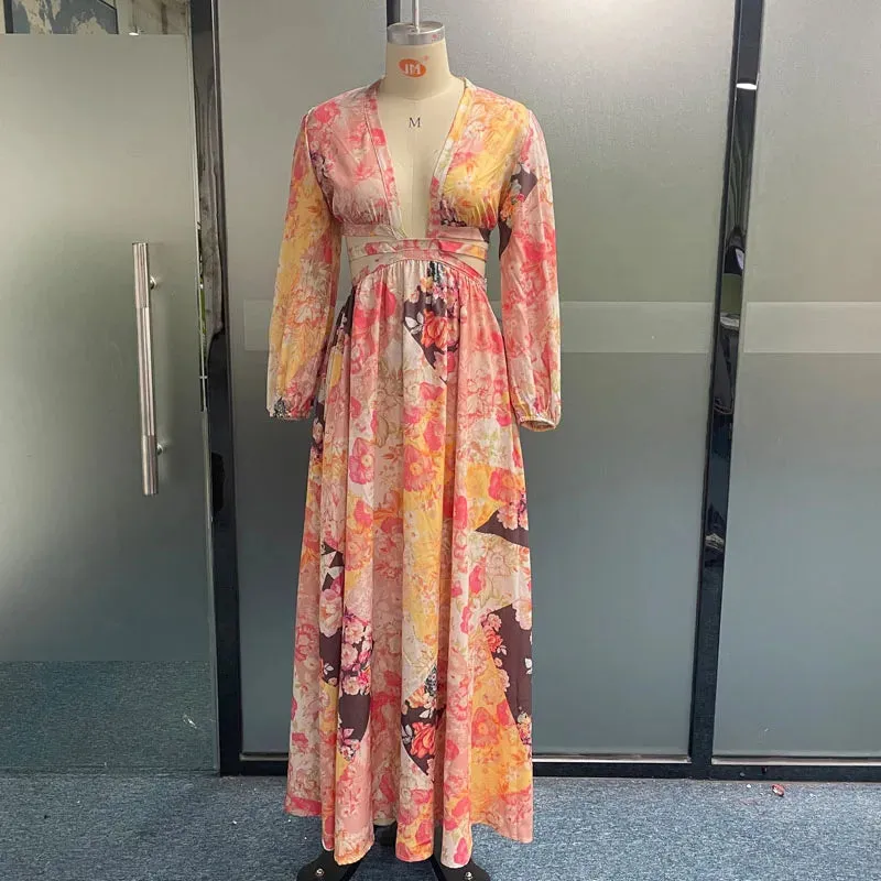 Girlary Women Maxi Dress Trending Lantern Sleeve V Neck Backless Hollow Out Printed Lace Up Beach Holiday Dress Streetwear