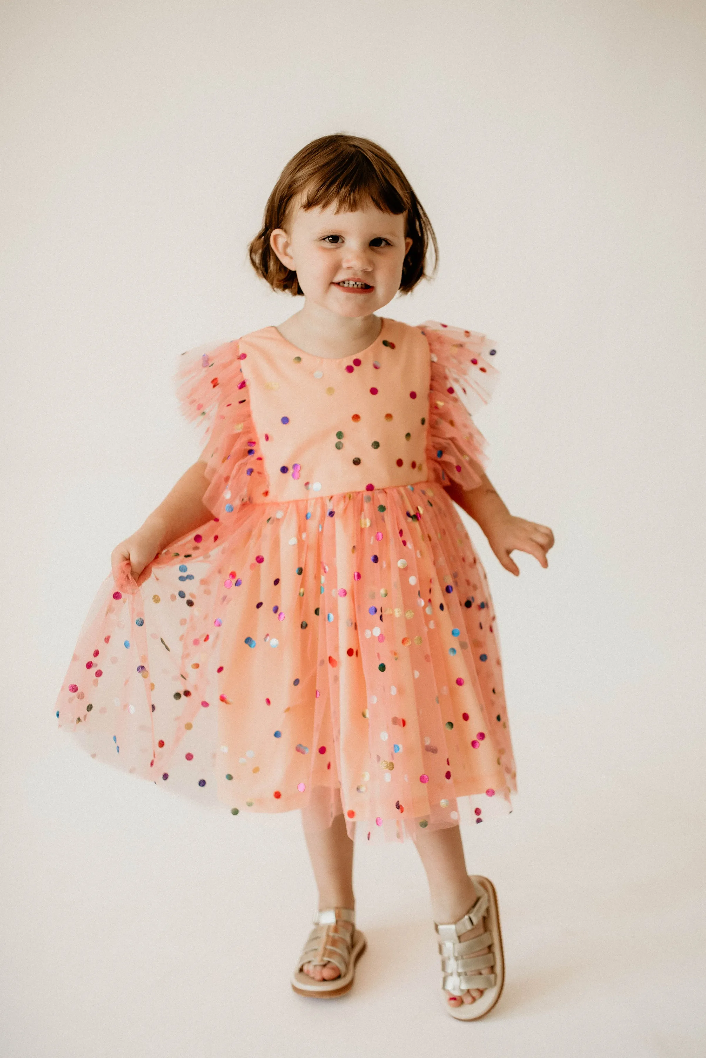 Girl's Coral Confetti Tulle Polka Dot Pinafore Party Dress