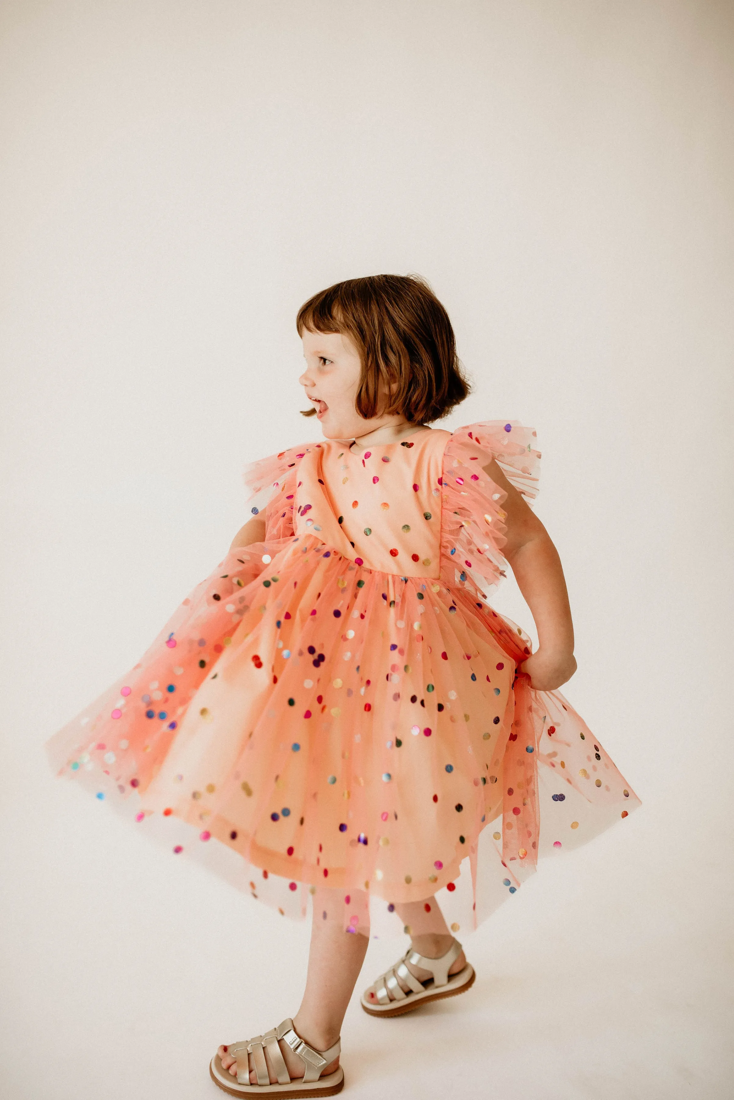 Girl's Coral Confetti Tulle Polka Dot Pinafore Party Dress