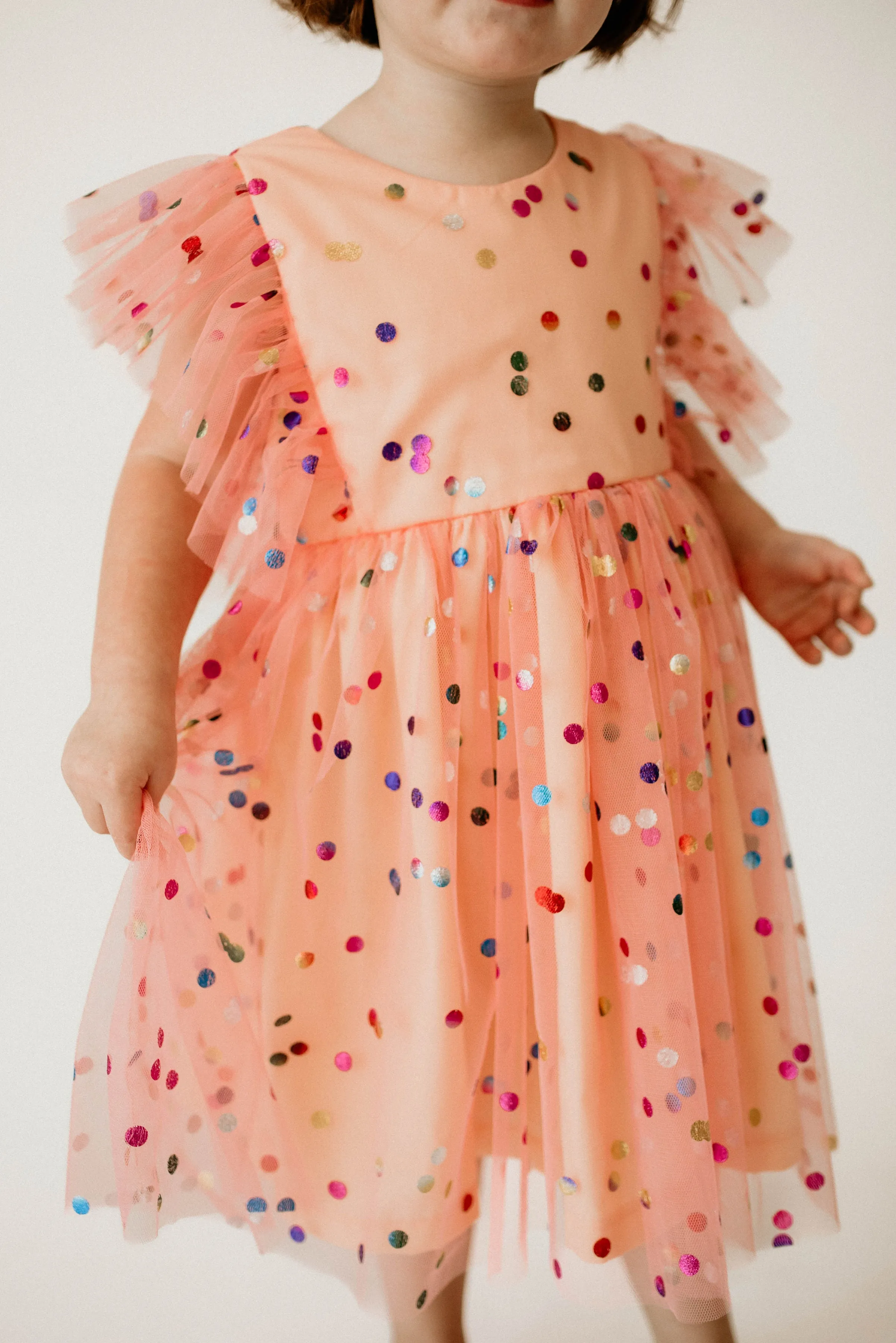 Girl's Coral Confetti Tulle Polka Dot Pinafore Party Dress