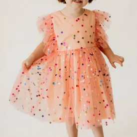 Girl's Coral Confetti Tulle Polka Dot Pinafore Party Dress