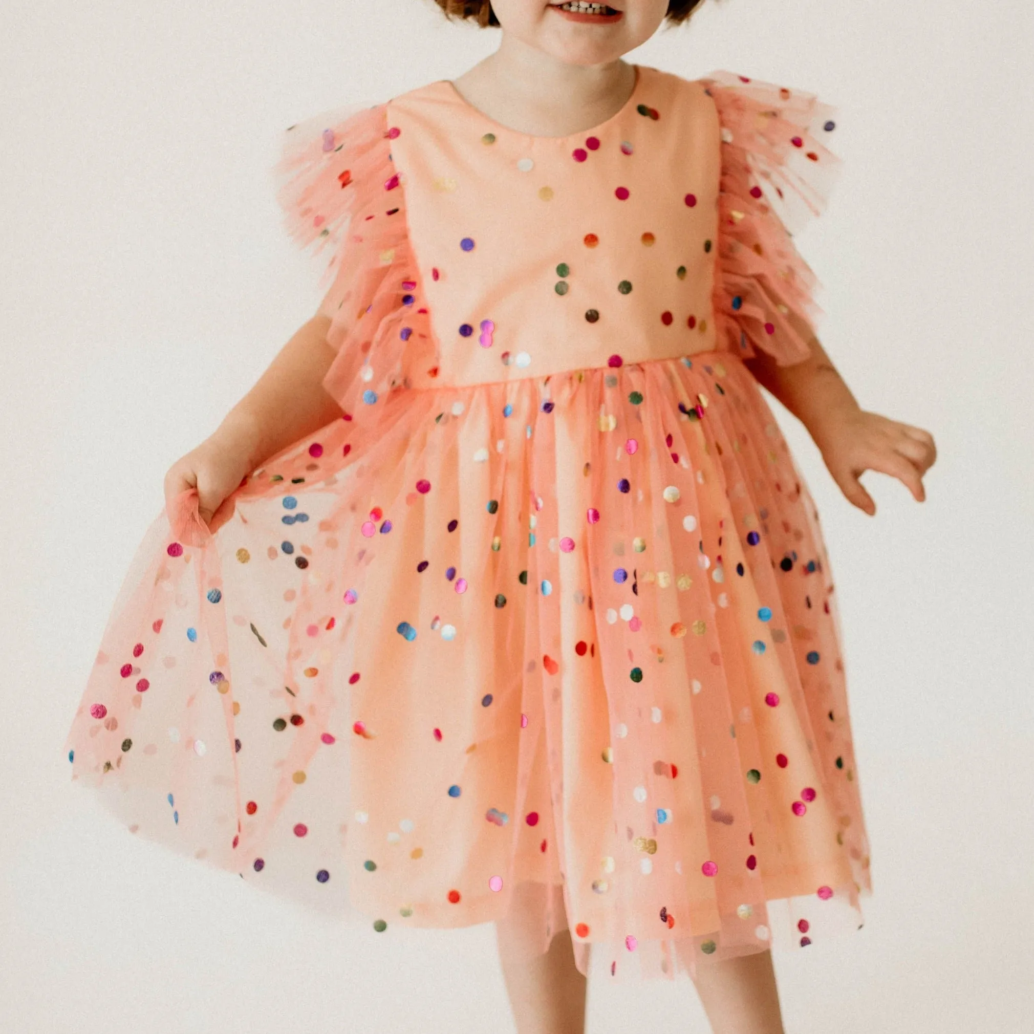 Girl's Coral Confetti Tulle Polka Dot Pinafore Party Dress