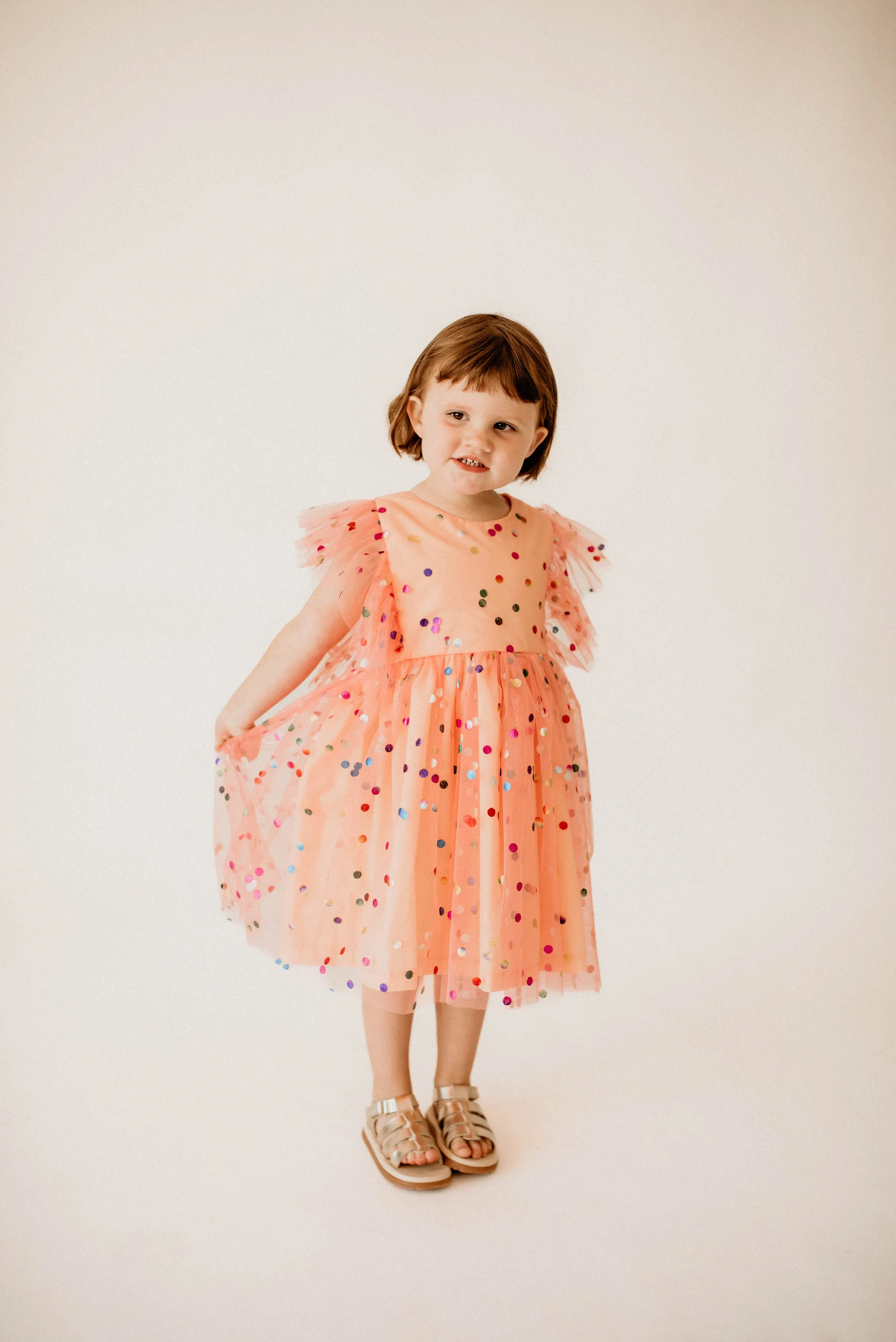 Girl's Coral Confetti Tulle Polka Dot Pinafore Party Dress