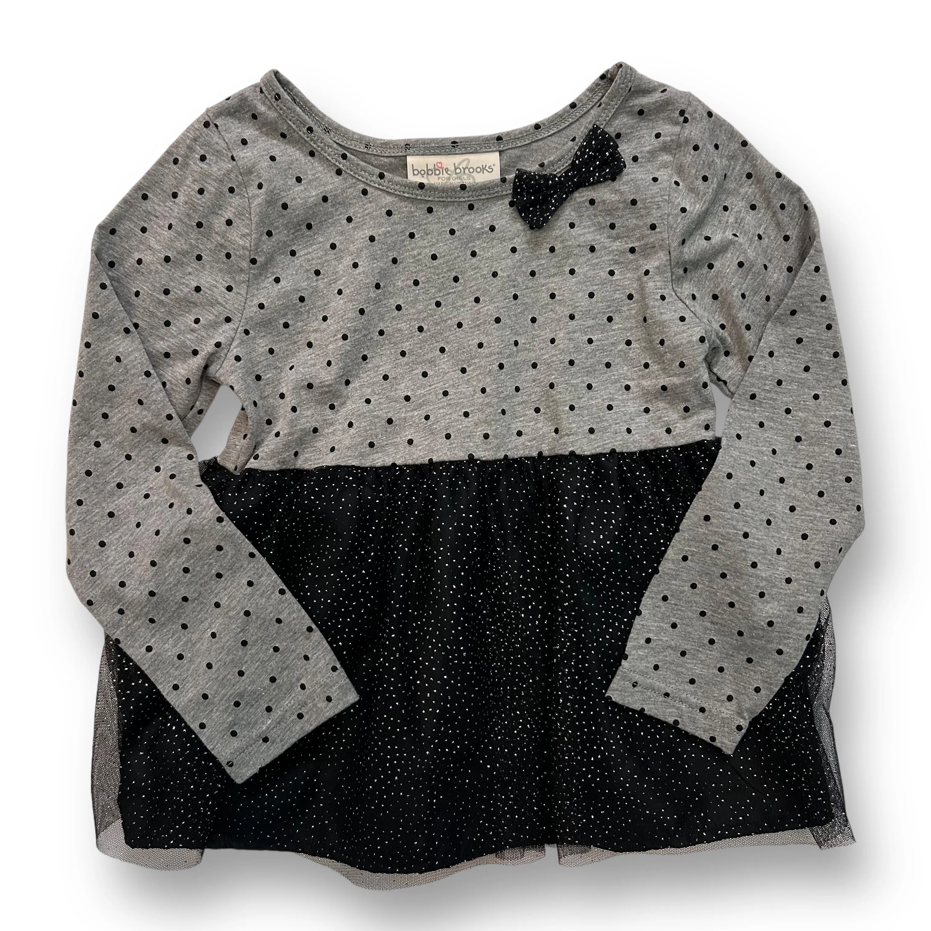 Girls Size 4/5 Black & Gray Polka Dot Tulle Accented Long Sleeve Top