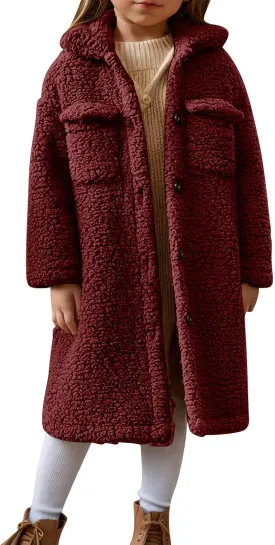 Girls Winter Long Coat Thick Warm Sherpa Teddy Jacket Casual Button Down Fleece Overcoat Faux Fur Outwear 3-12 Years
