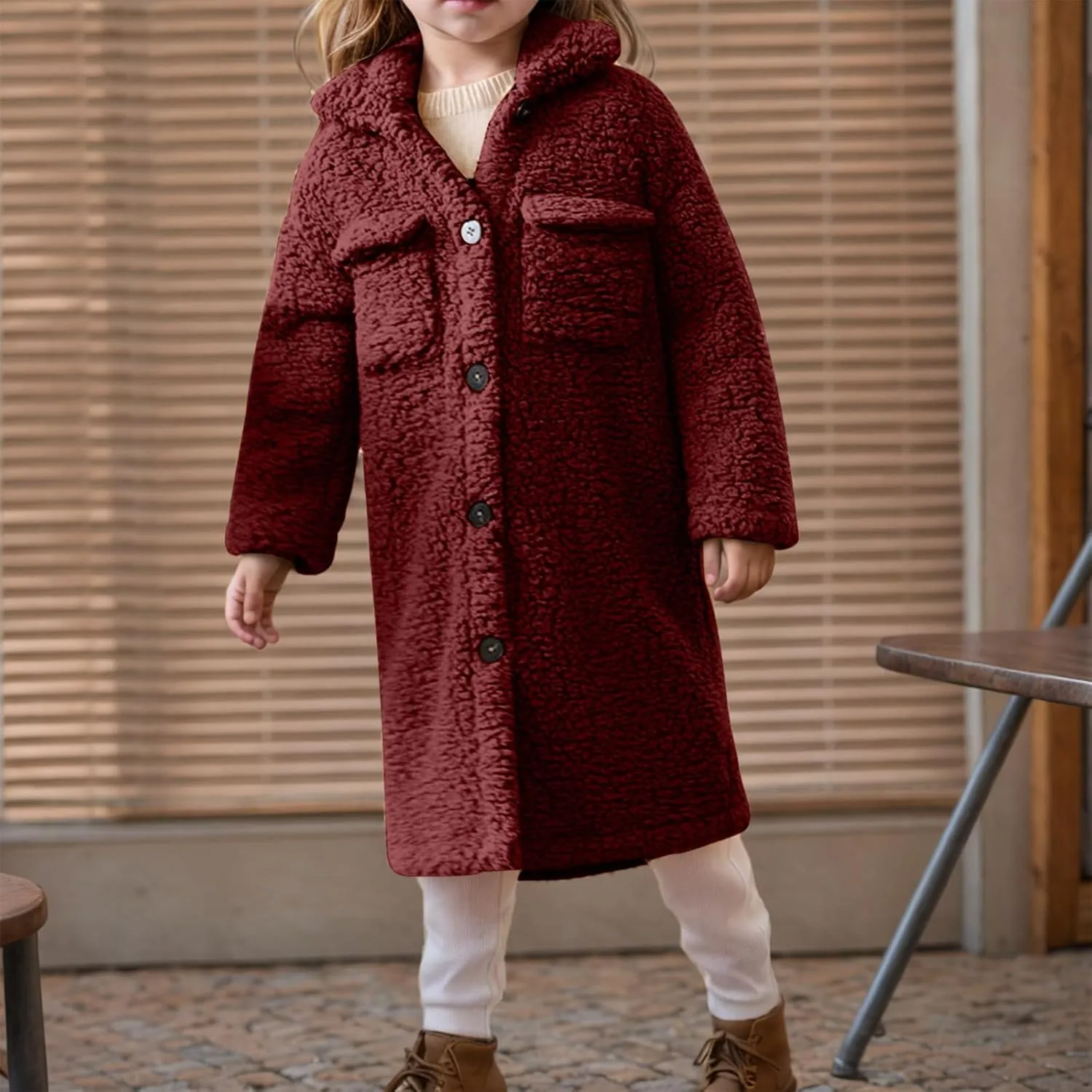 Girls Winter Long Coat Thick Warm Sherpa Teddy Jacket Casual Button Down Fleece Overcoat Faux Fur Outwear 3-12 Years