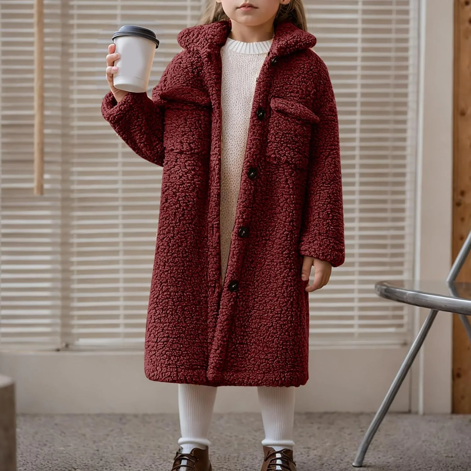 Girls Winter Long Coat Thick Warm Sherpa Teddy Jacket Casual Button Down Fleece Overcoat Faux Fur Outwear 3-12 Years