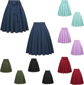 HGps8w Women Swing Elegant Business Office Skirt Vintage Belted High Waist Pleated Mid Length A Line Teacher's Skirts